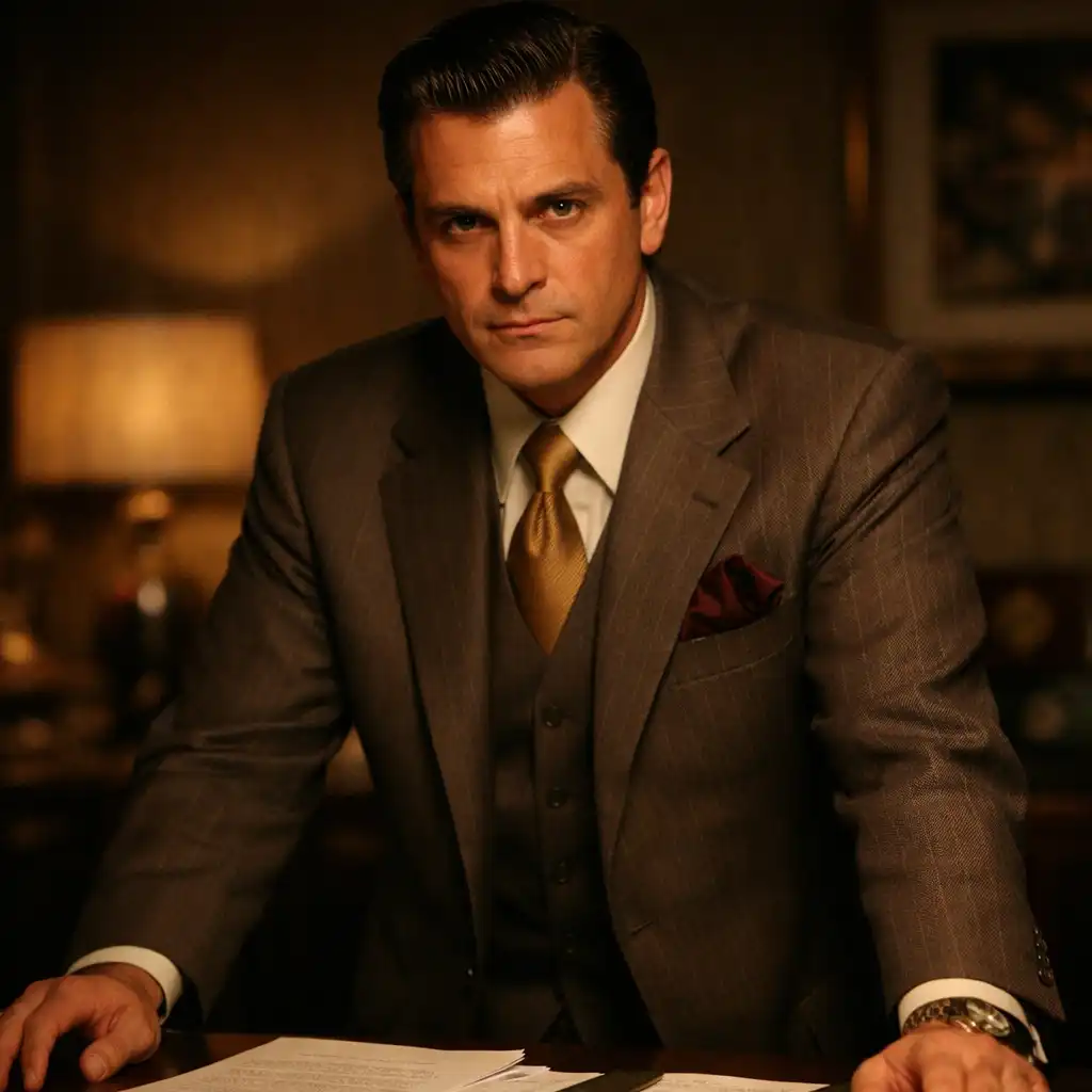 Portrait of Sam 'Ace' Rothstein in a tailored suit, standing in a casino manager's office