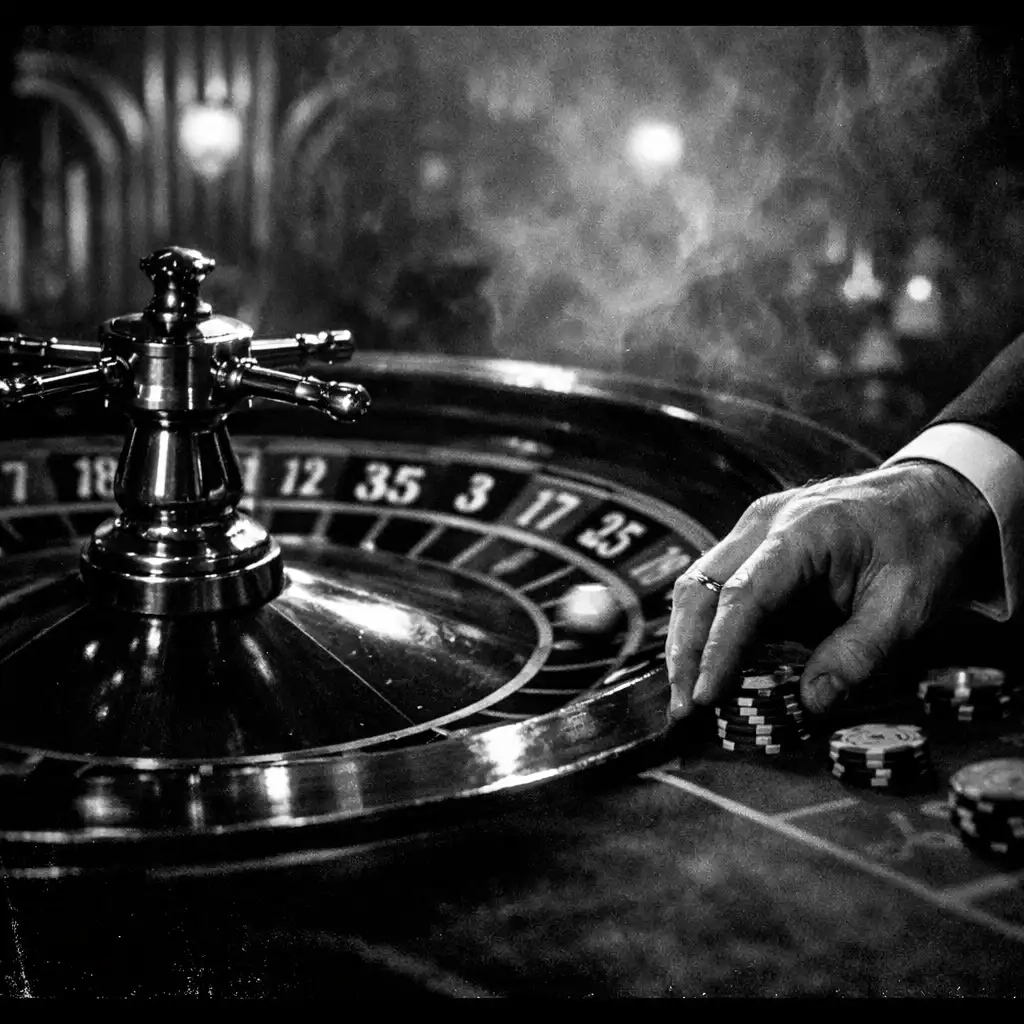 Black-and-white roulette wheel spinning with a hand placing a bet in a smoky casino