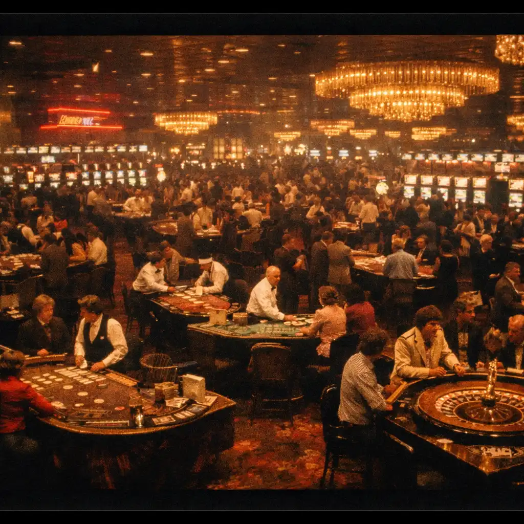A wide cinematic still of a 1980s Las Vegas casino floor, viewed from a high angle, with gamblers at blackjack and roulette tables and slot machines glowing in the background.