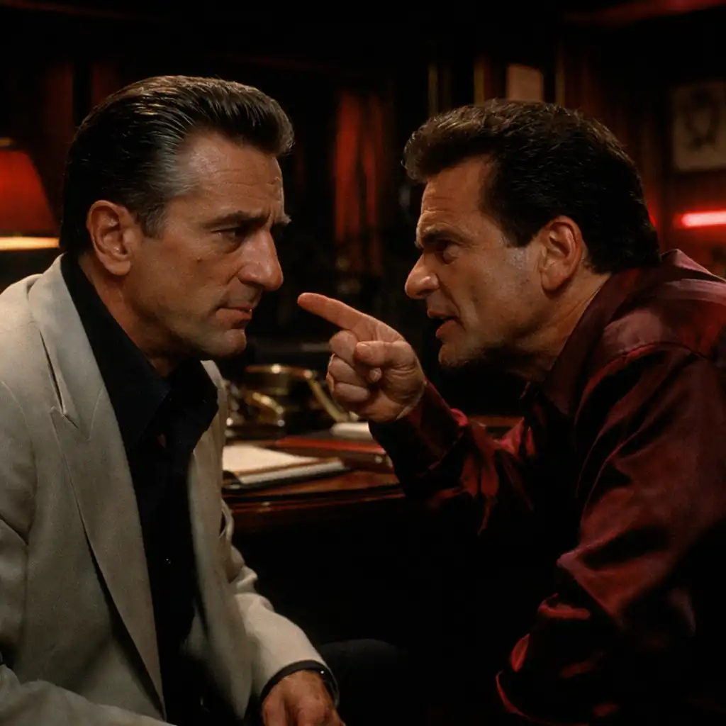 Film still from Casino (1995) showing a dramatic scene with Robert De Niro and Joe Pesci in a casino office, intense confrontation, dark shadows, red accents