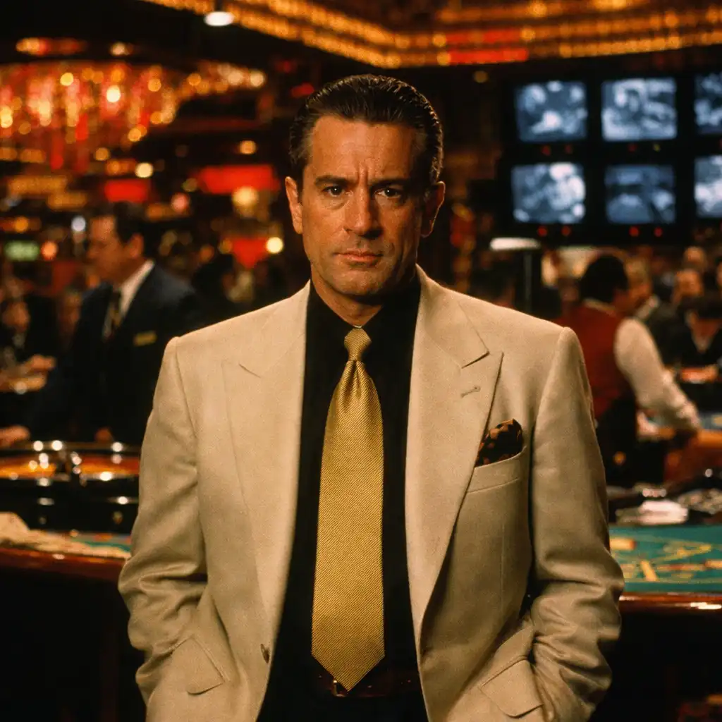 Film still from Casino (1995) showing Robert De Niro as Sam Rothstein standing in the casino pit, surrounded by gaming tables and surveillance monitors