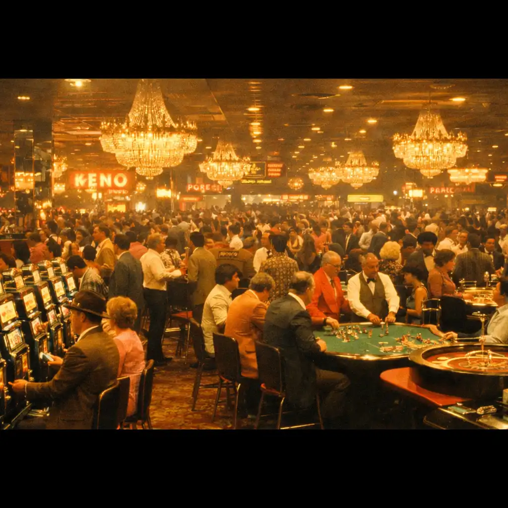 Wide establishing shot of a 1970s casino floor with slot machines, tables, and chandeliers