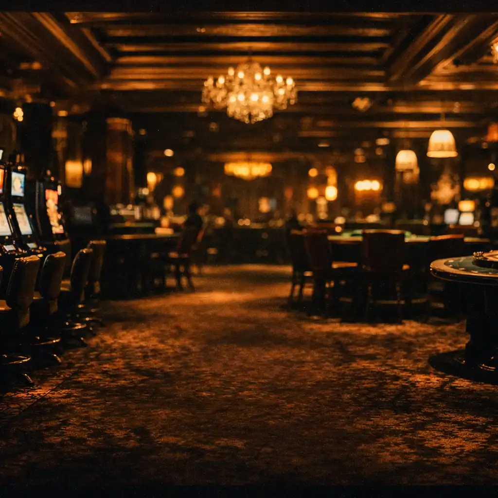 Cinematic wide shot of a luxurious casino interior at night with rows of slot machines and gaming tables, warm golden lighting contrasting with deep shadows