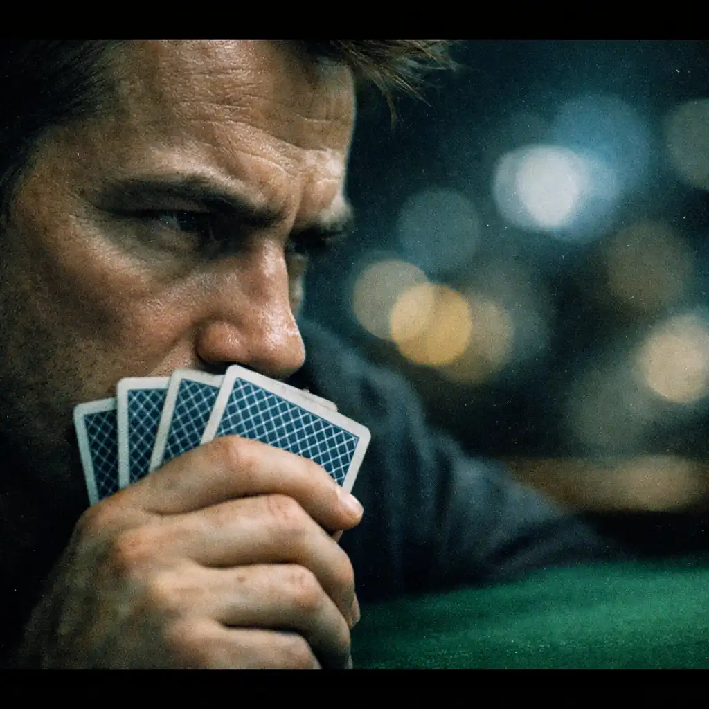Close-up of a man's face in profile holding cards close to his chest with blurred casino lights