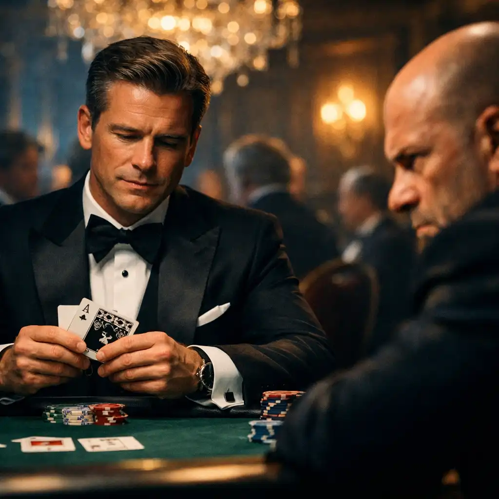 Luxurious casino poker game in Casino Royale with James Bond studying his cards
