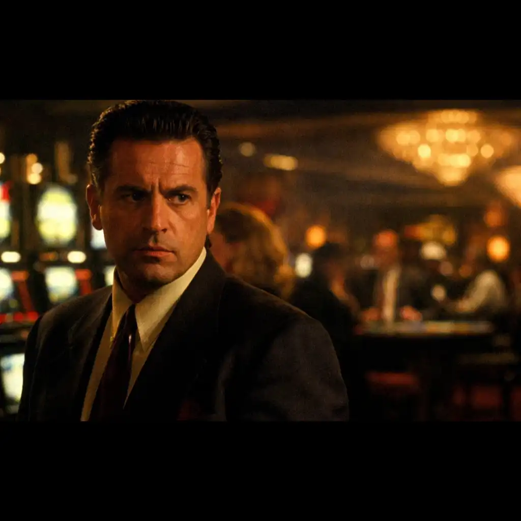 Cinematic still from Casino showing a tense man in a suit on a bustling Las Vegas casino floor