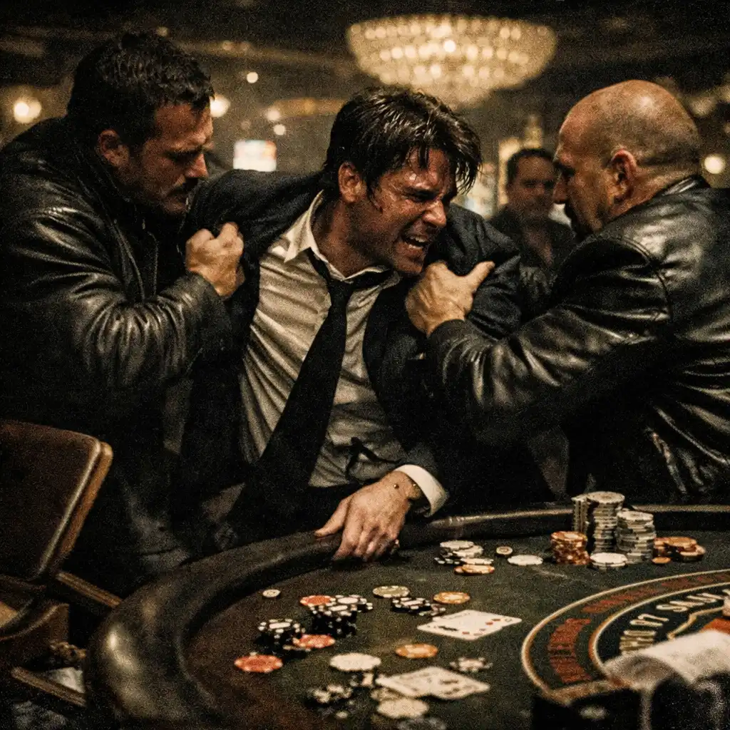 Violent confrontation near a blackjack table with overturned chairs and scattered chips