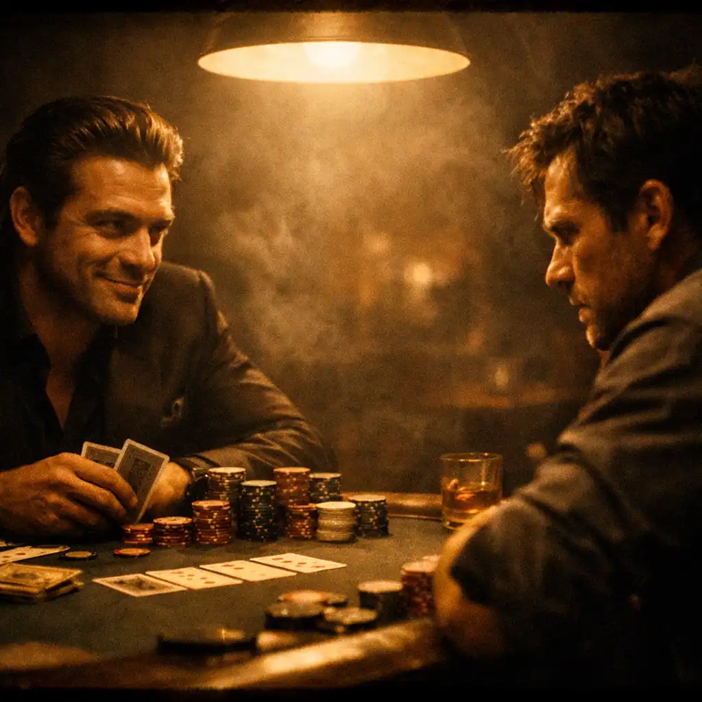 Two men facing each other across a poker table in a smoky room with a single overhead lamp