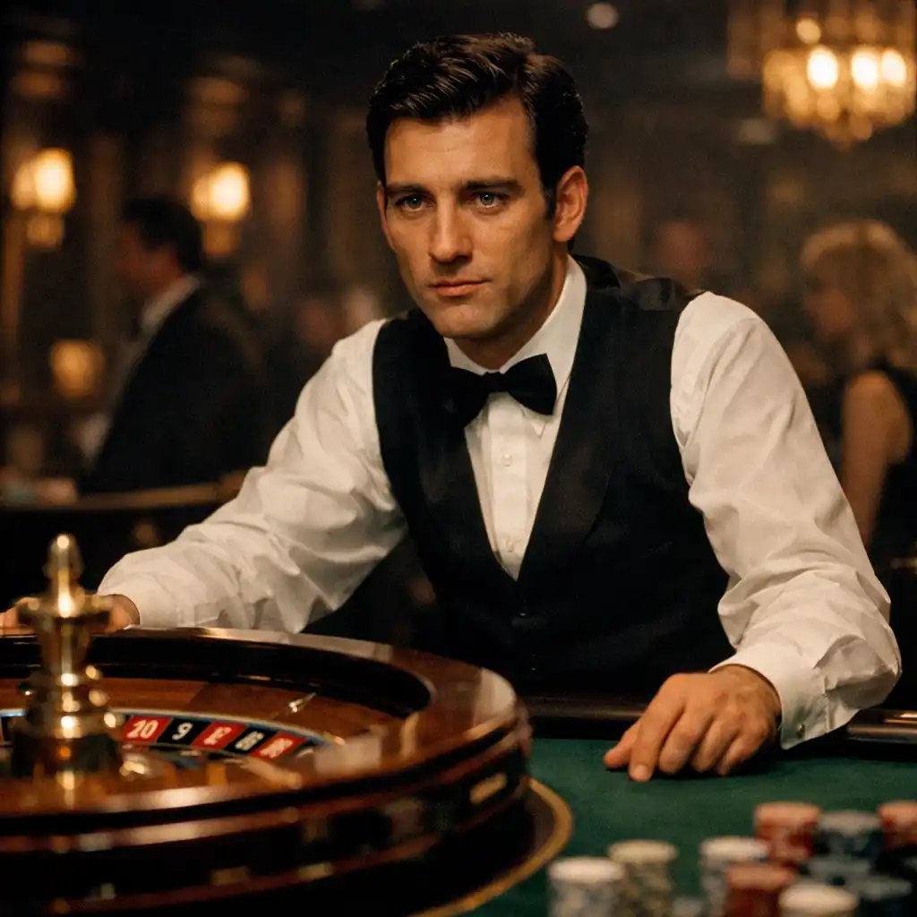 Film still from Croupier (1998) showing Clive Owen as a croupier at a roulette table in a London casino, moody lighting, green felt