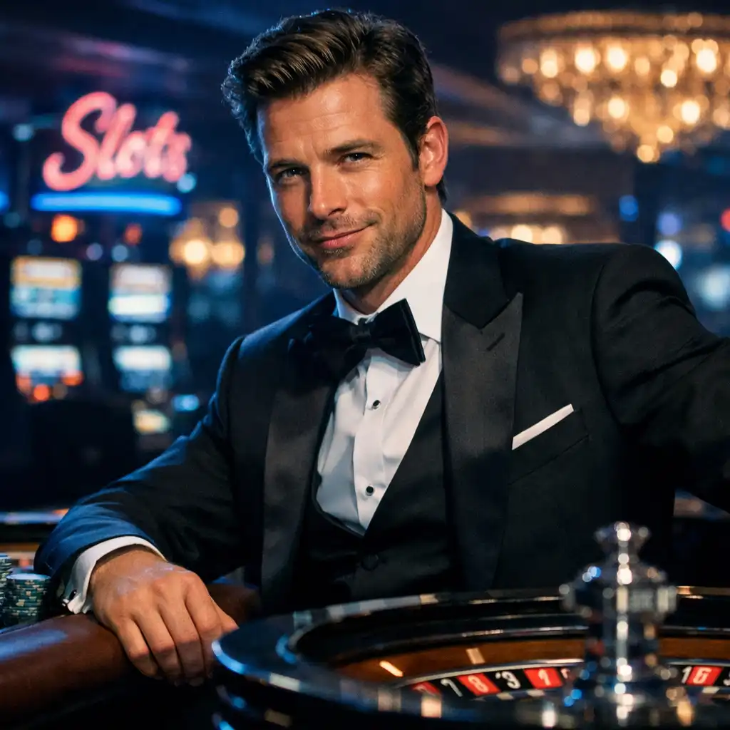 Portrait of Daniel Ocean in a tuxedo, leaning against a roulette table