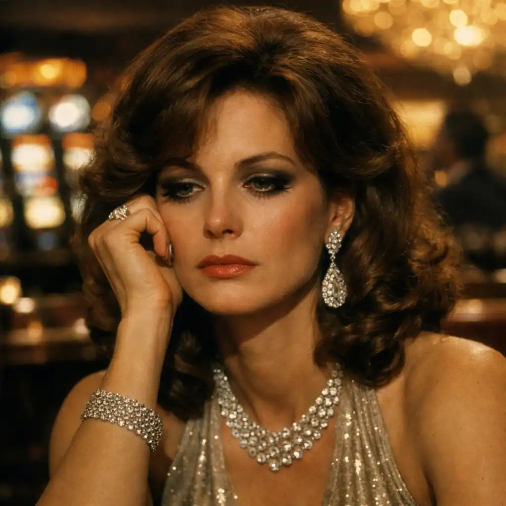 Portrait of Ginger McKenna in an elegant dress, looking distant in a casino lounge