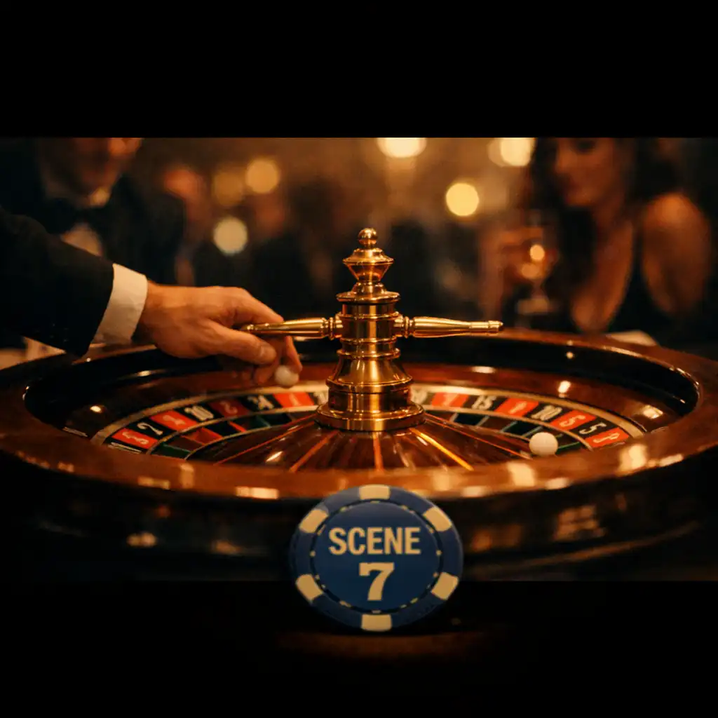 Cinematic still of a dimly lit casino floor with a roulette table in the foreground and blurred gamblers in the background