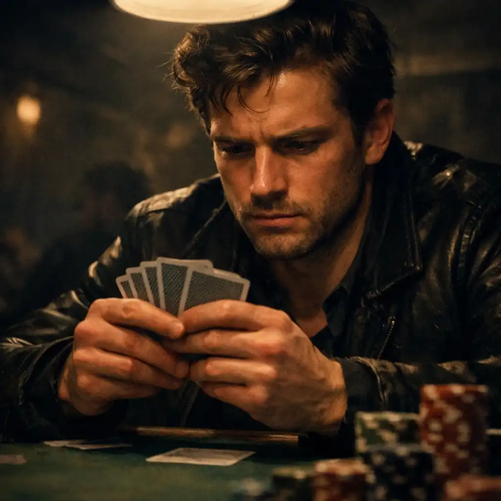 Portrait of Mike McDermott sitting at a poker table, studying his cards under a single lamp