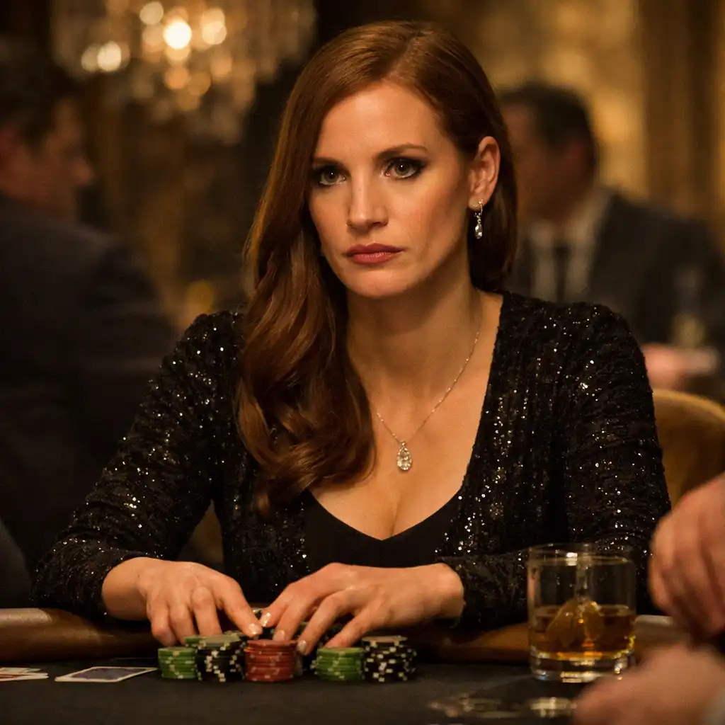 Film still from Molly's Game (2017) showing Jessica Chastain as Molly Bloom at a high-stakes poker table, elegant setting, warm lighting