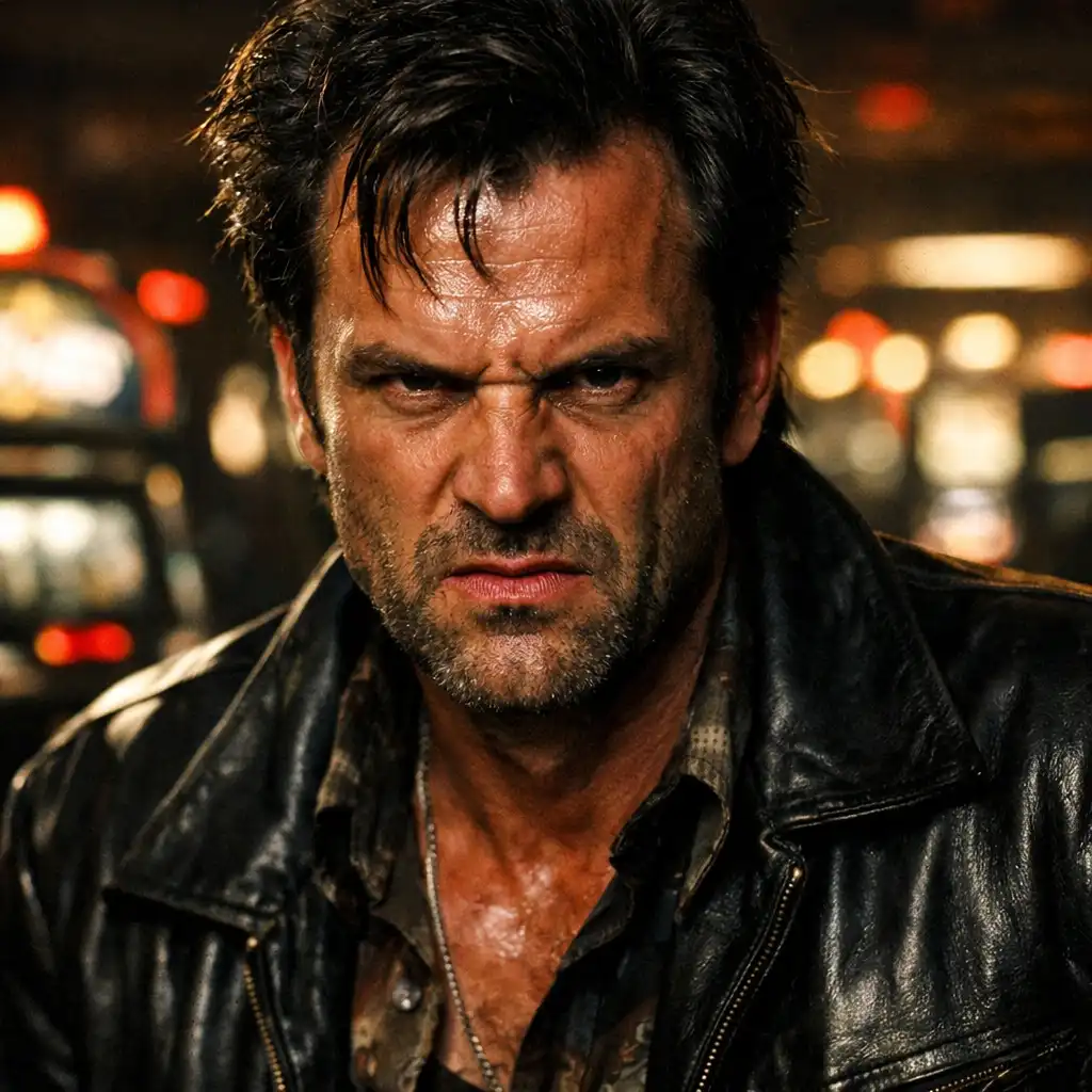Portrait of Nicky Santoro with a menacing expression in a dimly lit casino