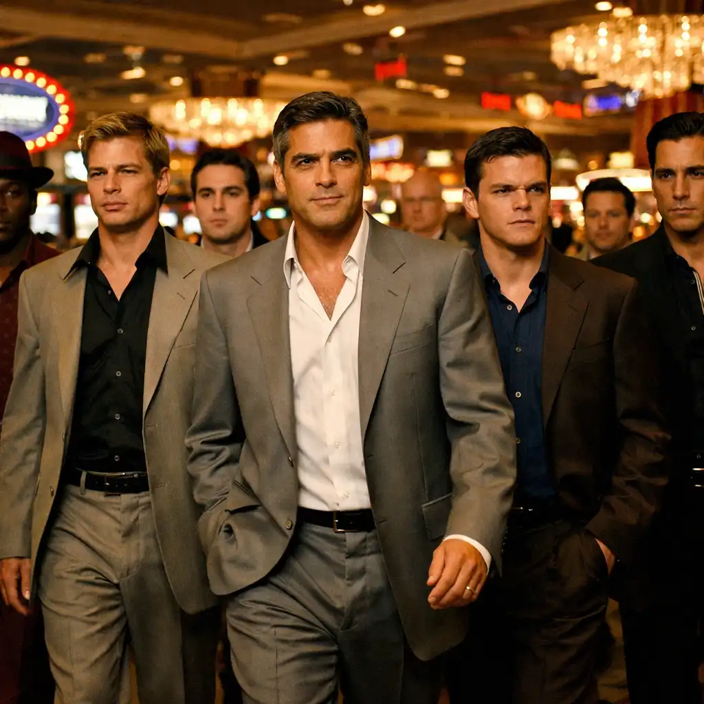 Film still from Ocean's Eleven (2001) showing the ensemble cast walking through a Las Vegas casino, stylish suits, bright casino lights