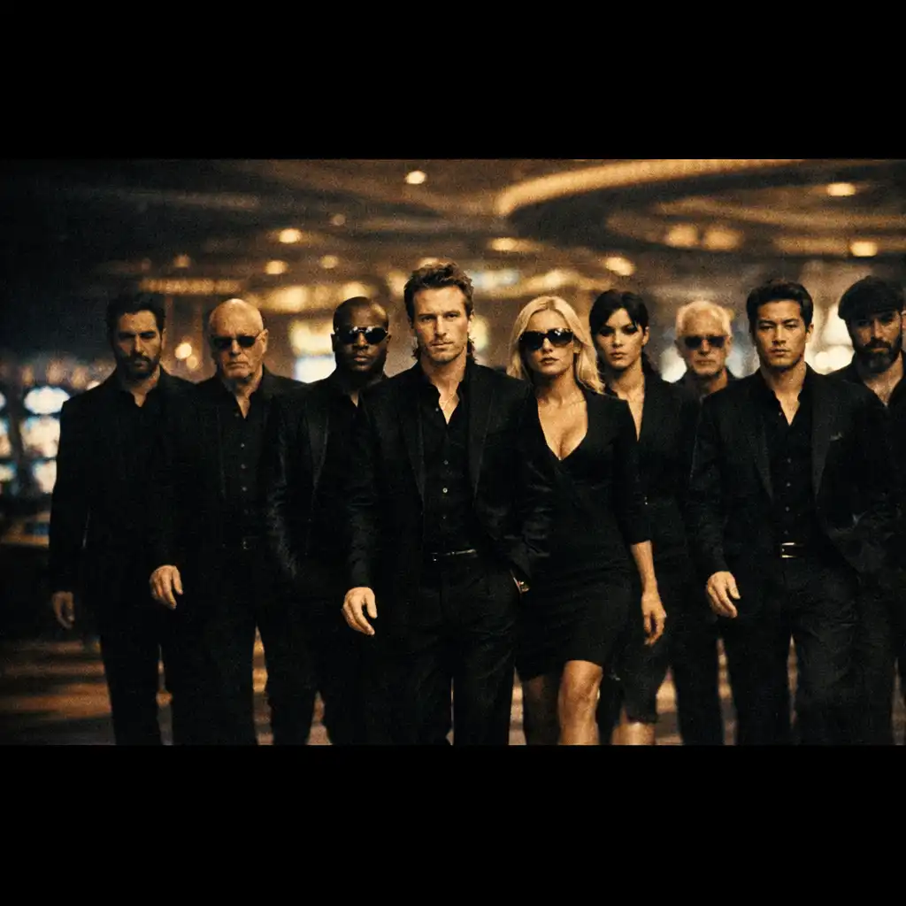 A group of eleven stylish con artists in black suits walking confidently through a grand Las Vegas casino floor at night, with slot machines and gaming tables blurred in the background.