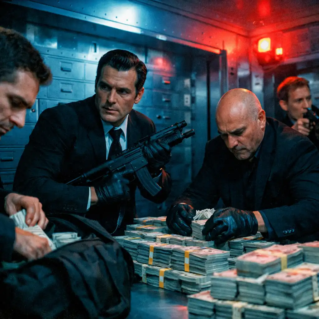 Men in black suits inside a high-tech vault surrounded by cash with red alarm lights