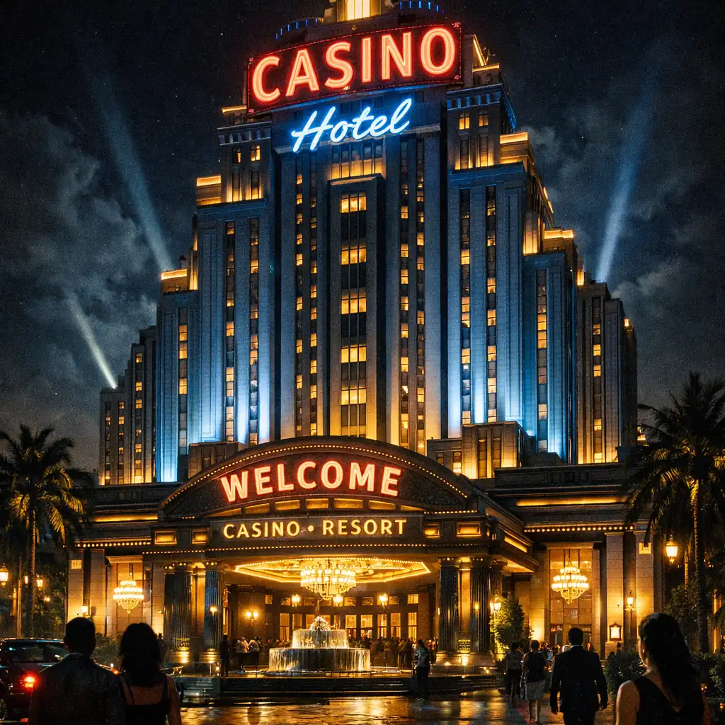 Luxurious casino hotel exterior at night with neon signs and grand entrance