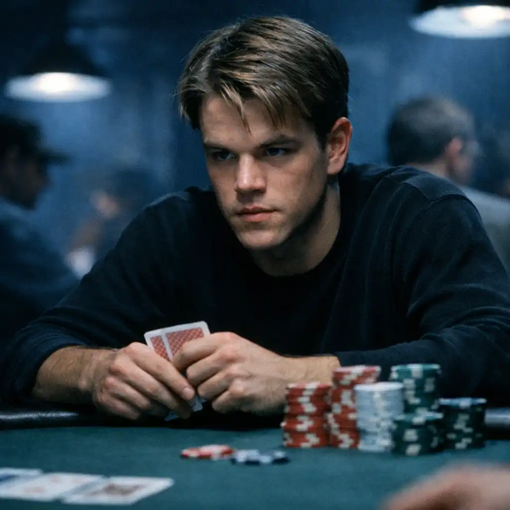 Film still from Rounders (1998) showing Matt Damon as Mike McDermott at a poker table, intense expression, cards and chips in foreground
