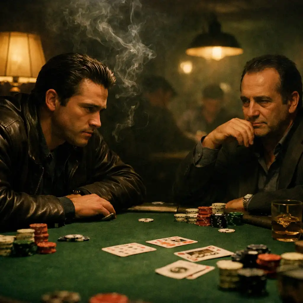 Dimly lit poker table with players in intense concentration, chips and cards visible