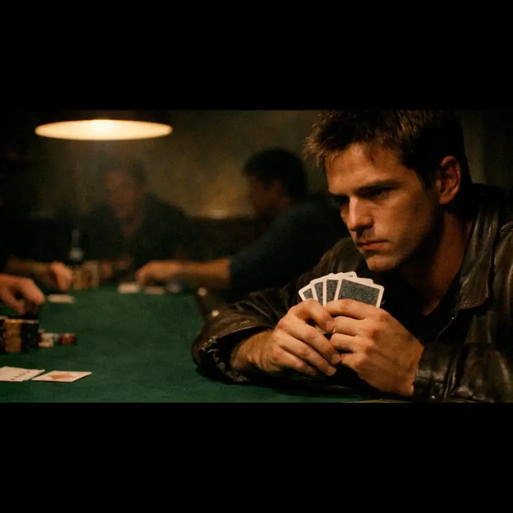 Cinematic still from Rounders showing a focused young man holding cards at a dimly lit poker table