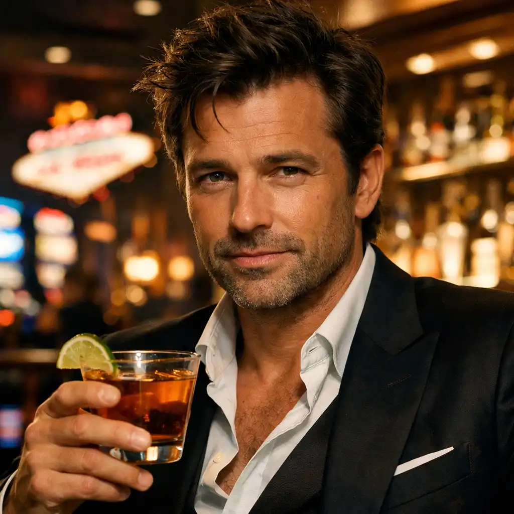 Portrait of Rusty Ryan in a stylish suit, holding a cocktail in a casino bar