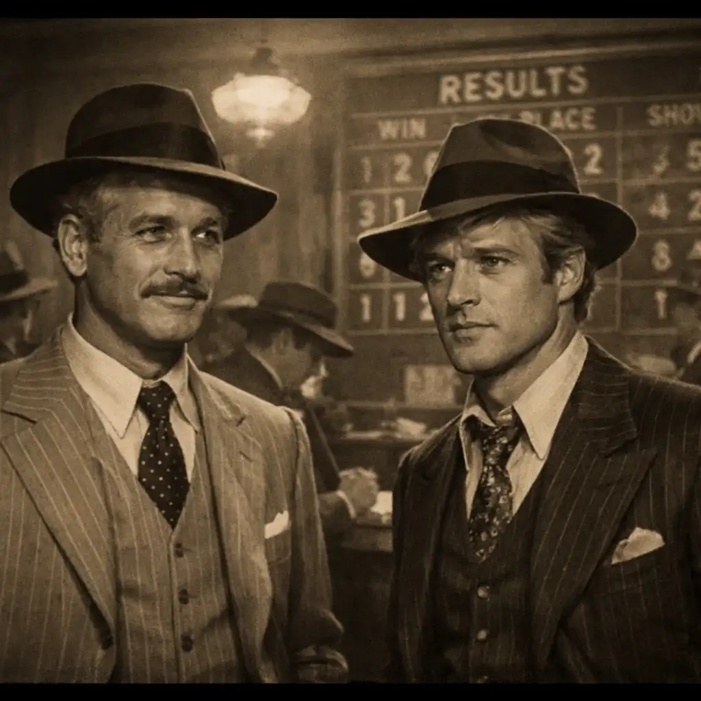 Film still from The Sting (1973) showing Paul Newman and Robert Redford in 1930s attire, standing in a betting parlor, sepia tones